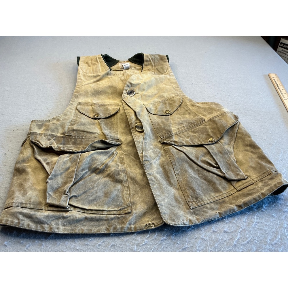 Filson Vintage Hunting Vest Waxed Tin Cloth Game‎ Bag Tan Mens L Rugged Workwear